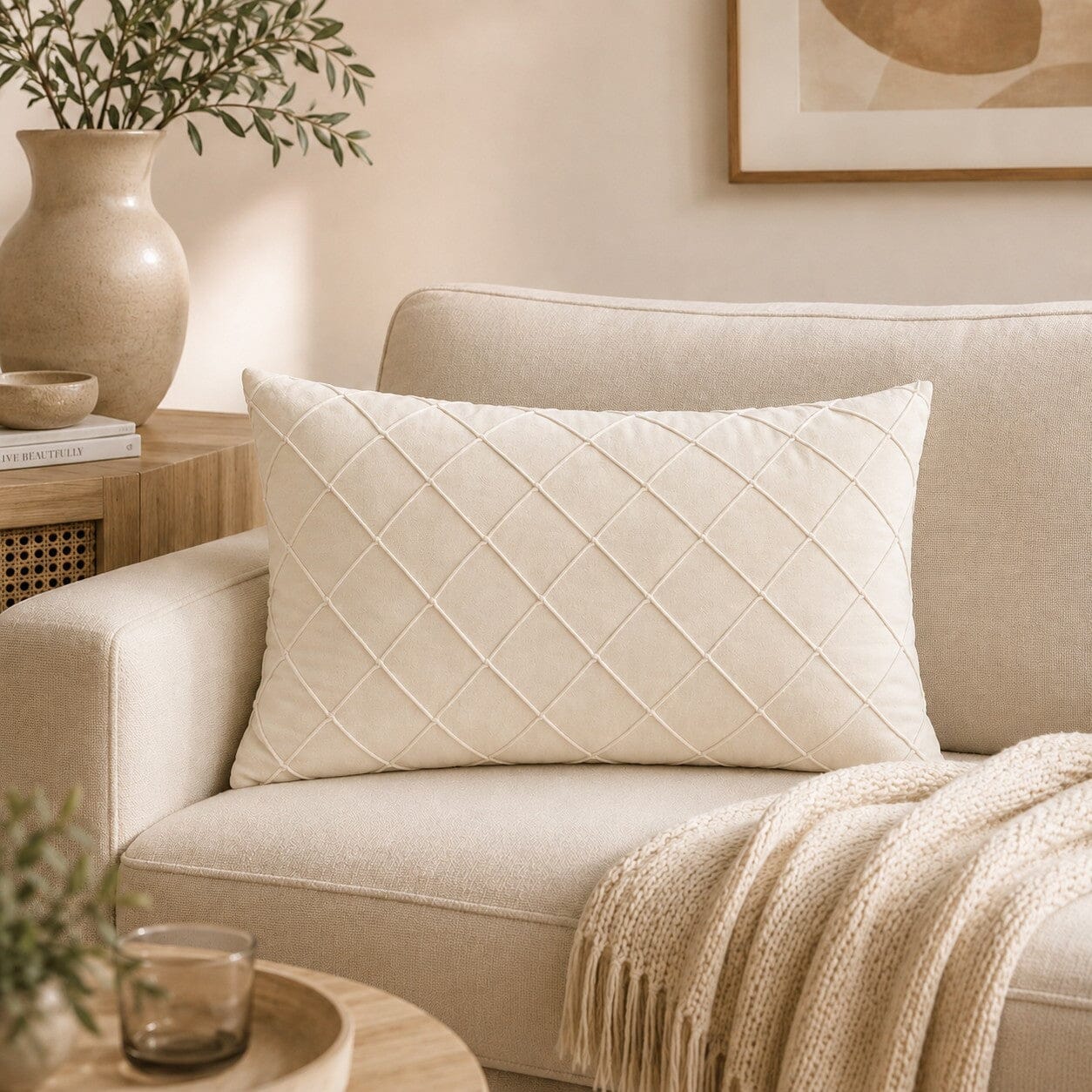Housse coussin en velours matelassé blanc crême sur canapé