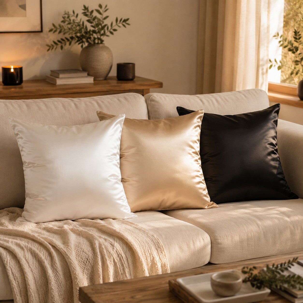 Housse de coussin 40x40 Satin Élégance en blanc, champagne et noir dans un salon chaleureux