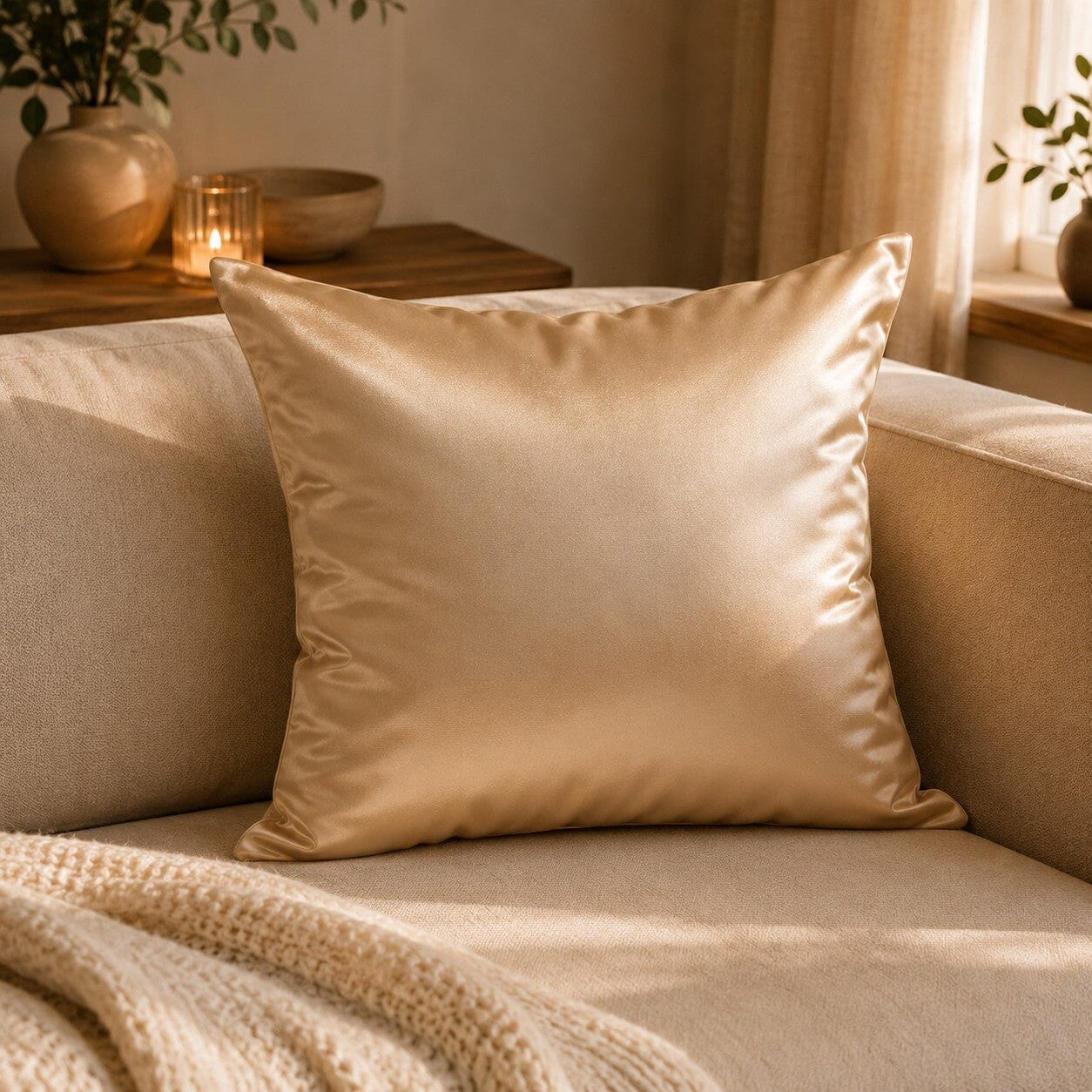 Housse de coussin 40x40 Satin Élégance couleur champagne sur un canapé beige dans un salon chaleureux