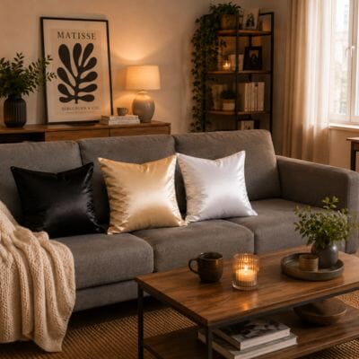 Housses de coussin 40x40 en satin noir, champagne et blanc dans un salon cosy.