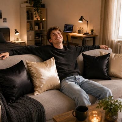 Housse de coussin 40x40 noir et champagne dans un studio étudiant chaleureux.
