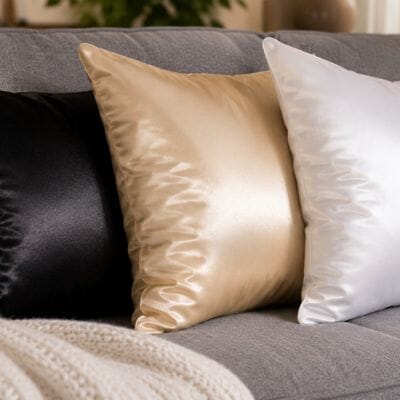 Housses de coussin 40x40 en satin noir, champagne et blanc sur canapé gris