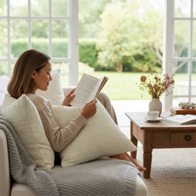 housse de coussin 60x60 dans bras femme lit sur canapé