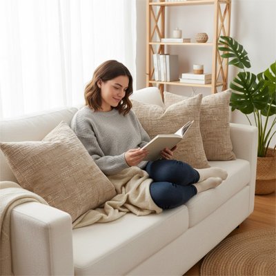 housse de coussin 60x60 femme lit sur canapé
