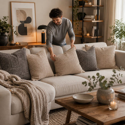 Housse de coussin 60x60 cm gris et beige dans un salon chaleureux et harmonieux