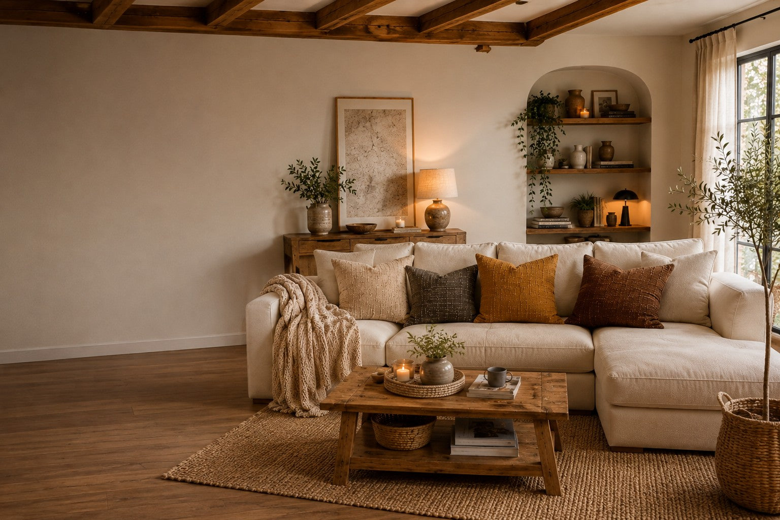 Salon chaleureux et naturel avec canapé beige, housses de coussin aux tons neutres et décoration cosy.