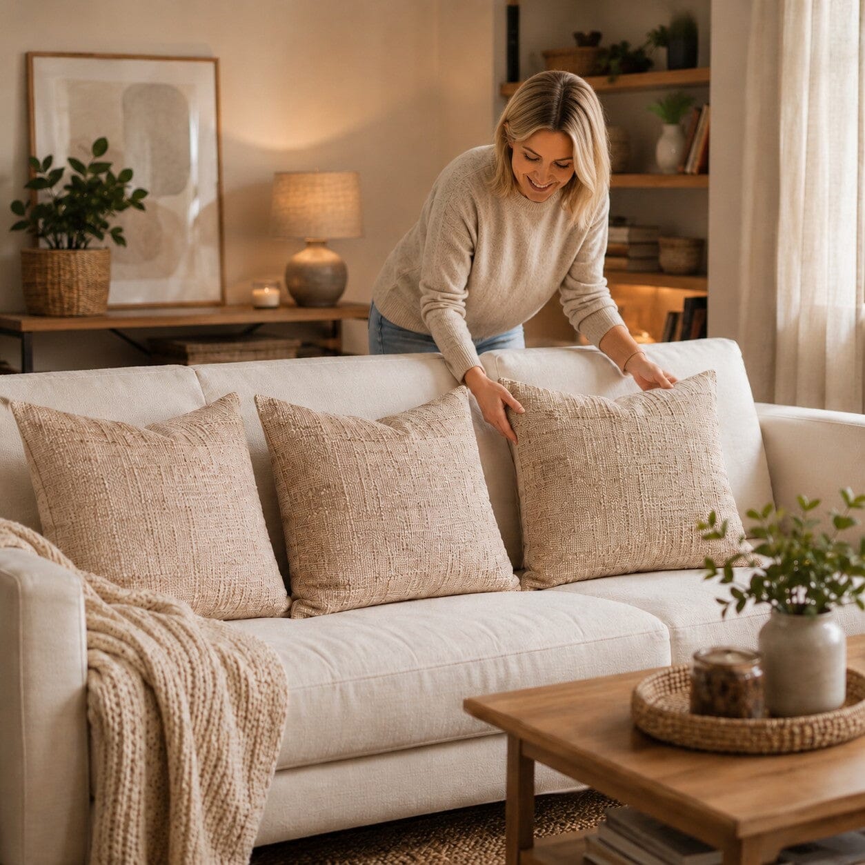 Housse de coussin 60x60 Tissage Naturel beige sur canapé avec trois coussins