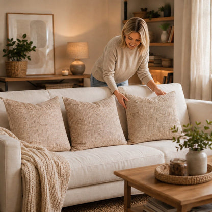 Housse de coussin 60x60 Tissage Naturel beige sur canapé avec trois coussins
