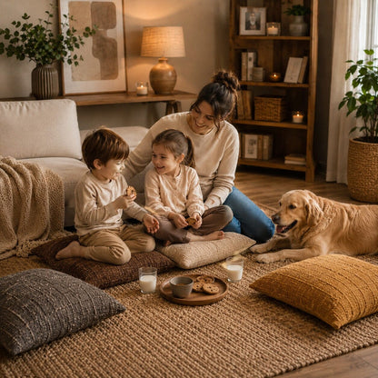 Housses de coussin 60x60 Tissage Naturel café et moutarde dans un salon familial cosy