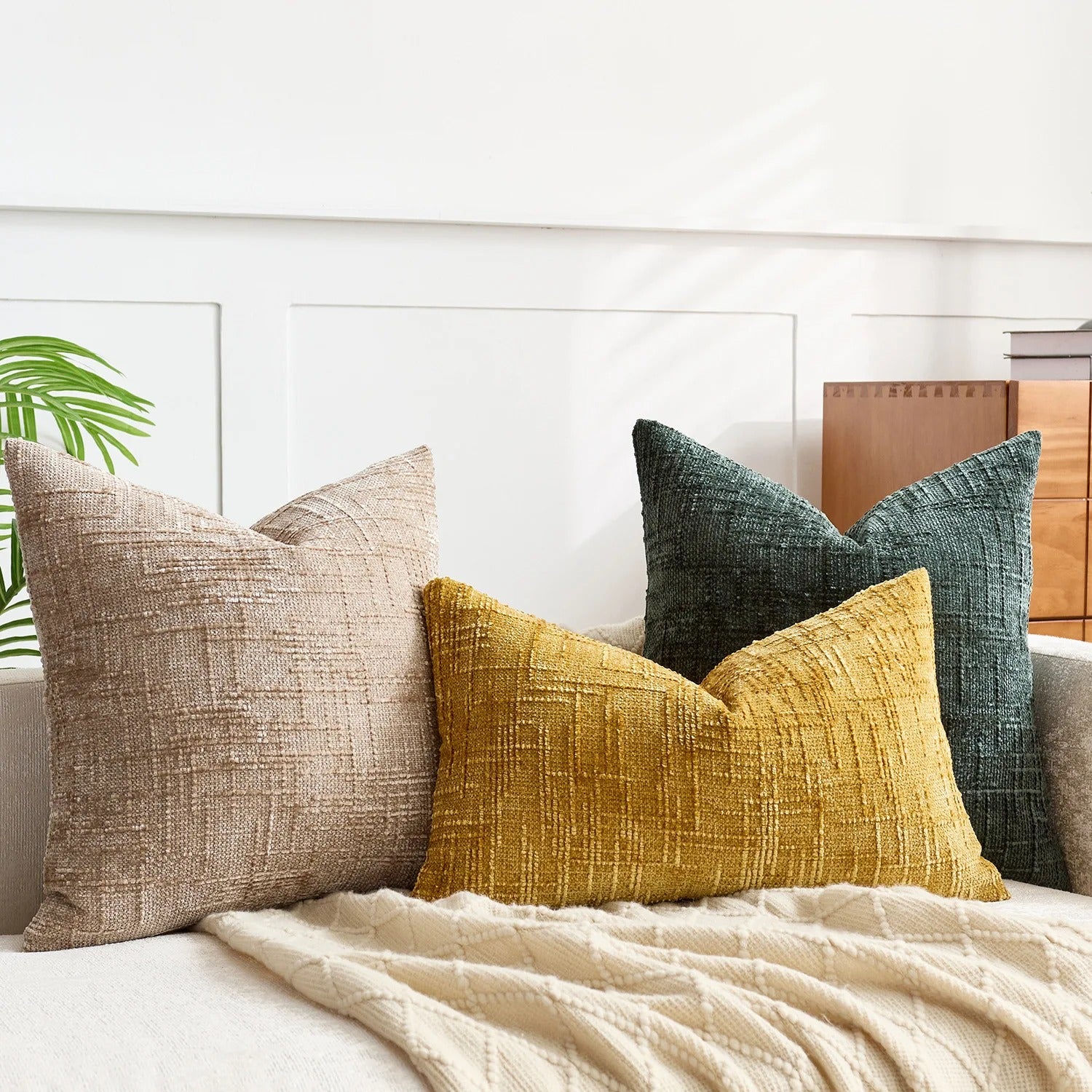 housse de coussin 60x60 vert moutarde beige