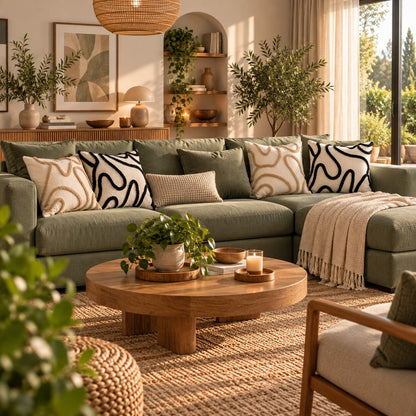 Canapé vert sauge avec housse de coussin Chenille Boho dans un salon lumineux et chaleureux