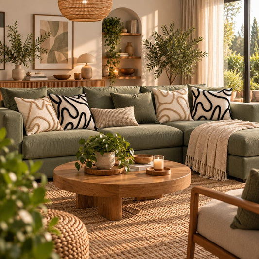 Canapé vert sauge avec housse de coussin Chenille Boho dans un salon lumineux et chaleureux