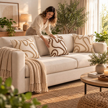 Femme installant housse de coussin Chenille Boho café sur canapé beige dans un salon lumineux avec décoration végétale
