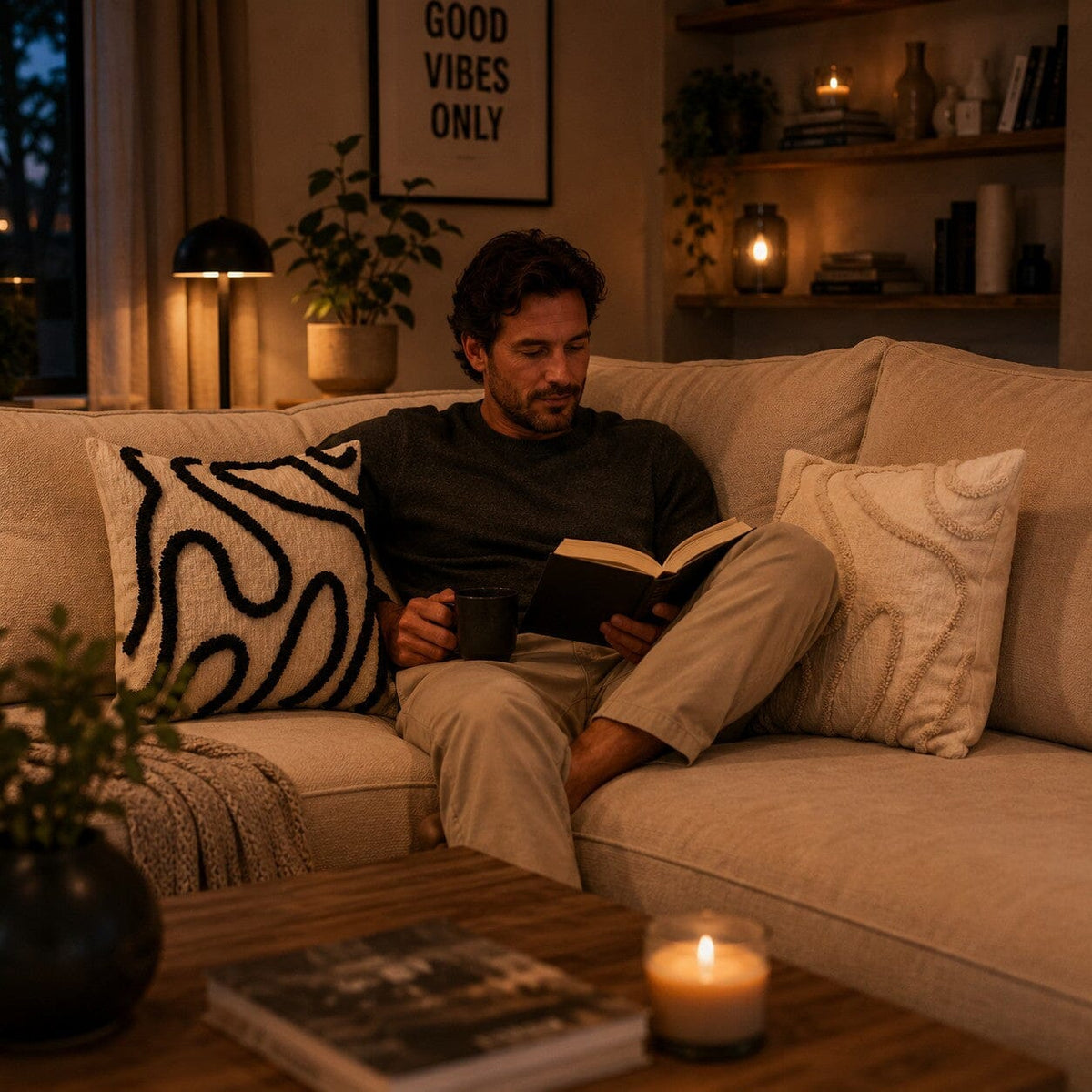 Housses de coussin en chenille Boho noir et beige dans un salon chaleureux avec un homme lisant