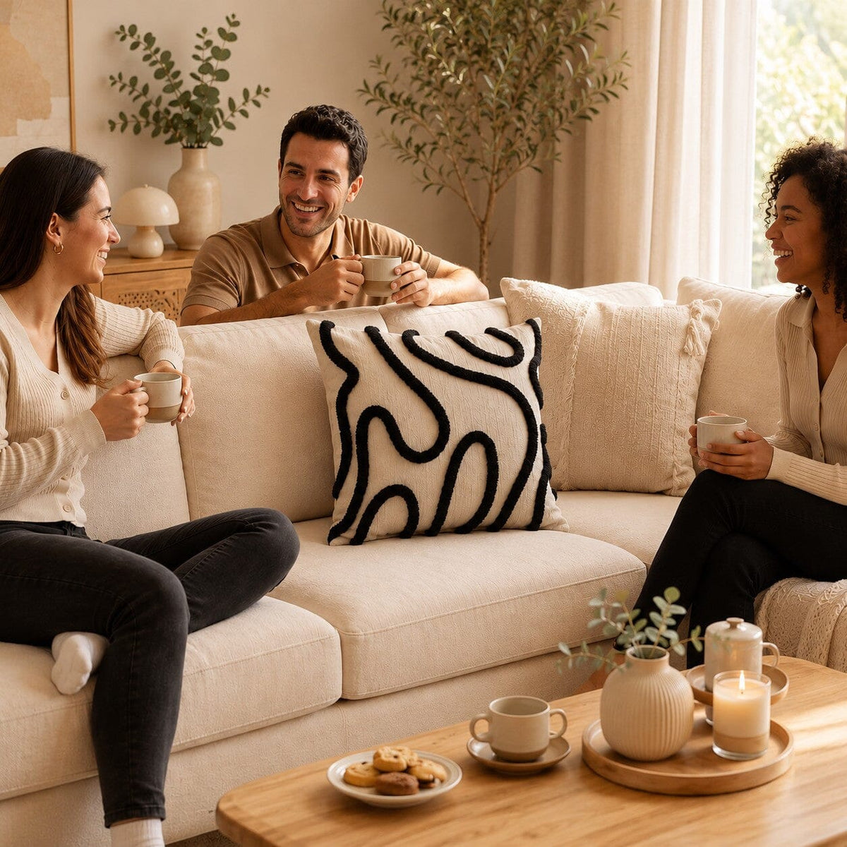 Housse de coussin Chenille Boho noire sur un canapé dans un salon chaleureux lors d'un moment convivial entre amis.
