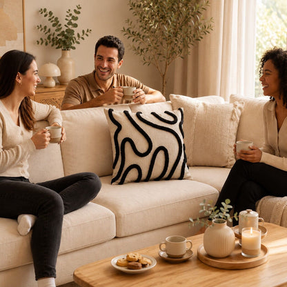 Housse de coussin Chenille Boho noire sur un canapé dans un salon chaleureux lors d'un moment convivial entre amis.

