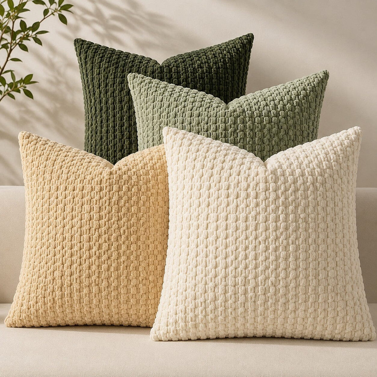 Quatre housses de coussin Cocon Naturel vert foncé, vert sauge, beige et écru sur un canapé, avec texture bouclée.
