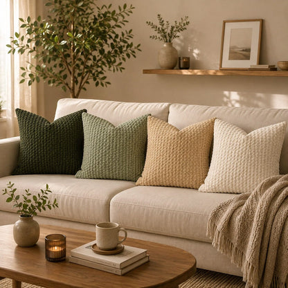 Quatre housses de coussin Cocon Naturel vert foncé, vert sauge, beige et écru disposées sur un canapé dans un salon chaleureux.