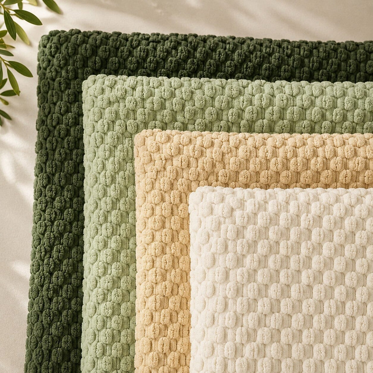 Gros plan sur les quatre variantes de housses de coussin Cocon Naturel vert foncé, vert sauge, beige et écru, avec texture bouclée.
