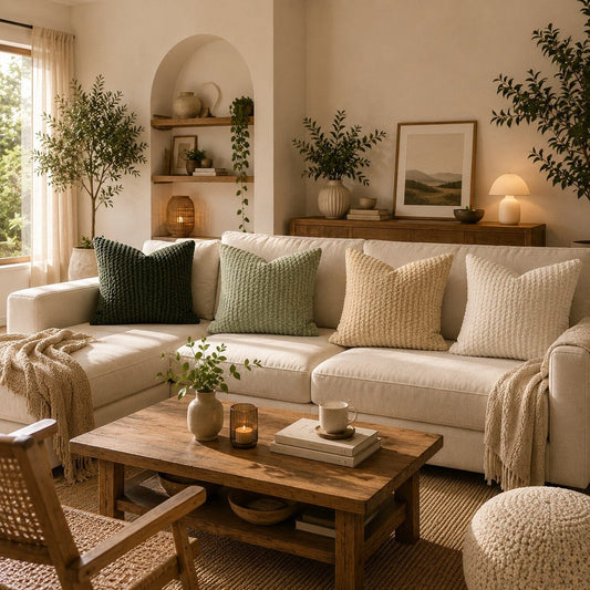 Vue large d’un salon chaleureux avec quatre housses de coussin Cocon Naturel vert foncé, vert sauge, beige et écru sur un canapé.