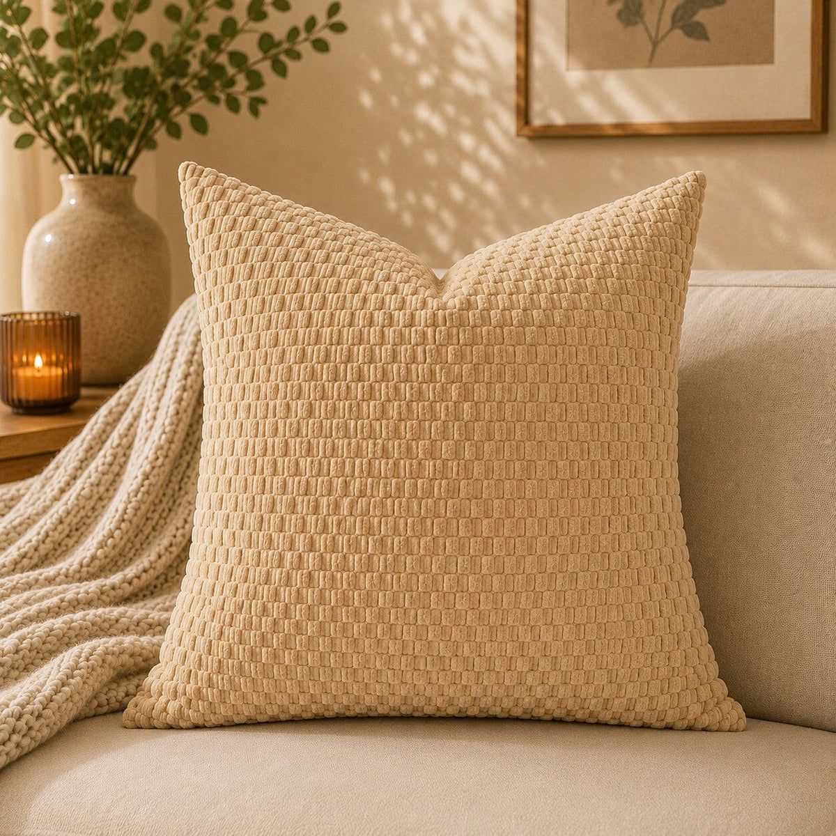 Housse de coussin beige Cocon Naturel à texture bouclée sur un canapé beige.