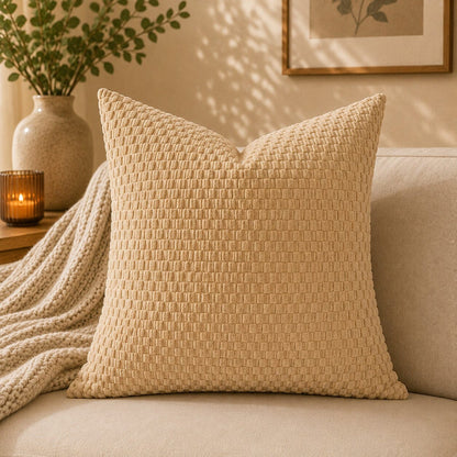 Housse de coussin beige Cocon Naturel à texture bouclée sur un canapé beige.
