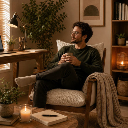 housse de coussin Cocon Naturel écru dans un fauteuil chaleureux avec un homme en moment de détente.