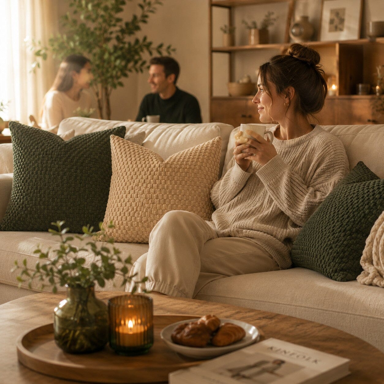 Housse de coussin Cocon Naturel vert foncé et beige dans un salon chaleureux, avec une femme prenant son café entourée de ses invités.