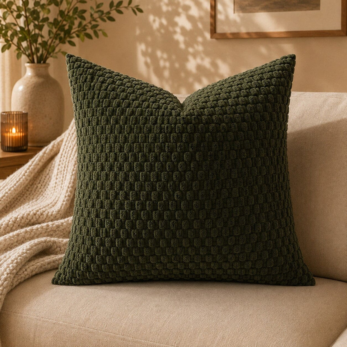 Housse de coussin vert foncé Cocon Naturel à texture bouclée sur un canapé beige.