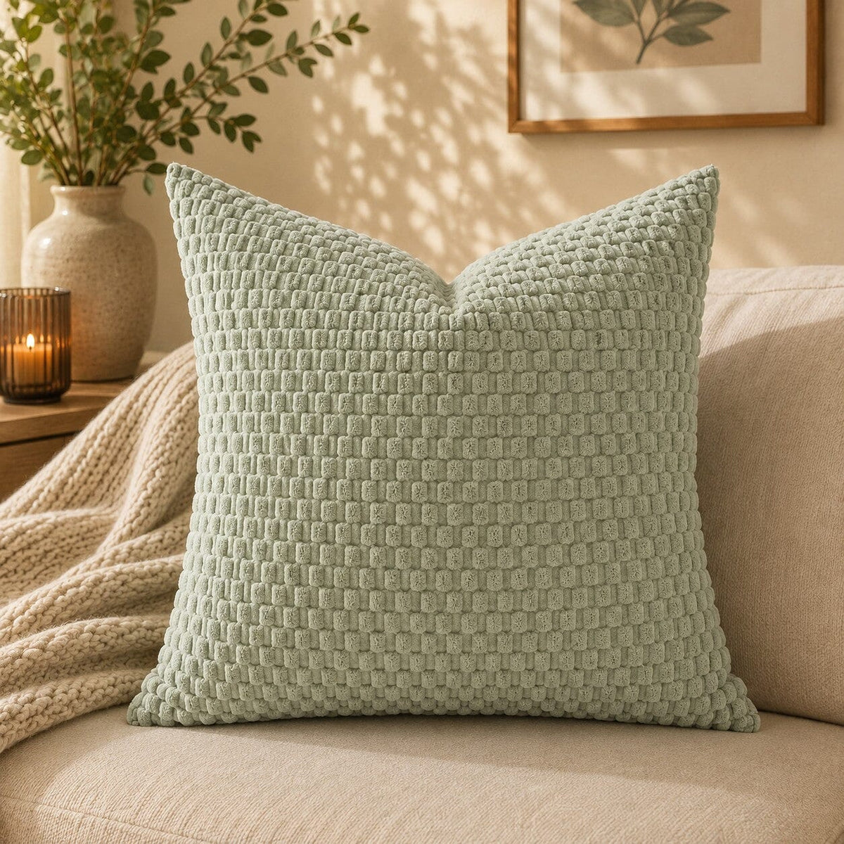 Housse de coussin vert sauge Cocon Naturel à texture bouclée sur un canapé beige.