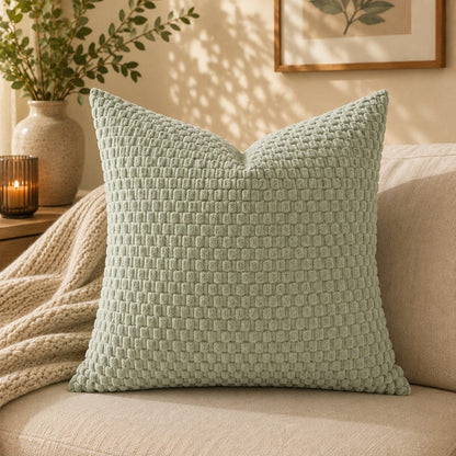 Housse de coussin vert sauge Cocon Naturel à texture bouclée sur un canapé beige.