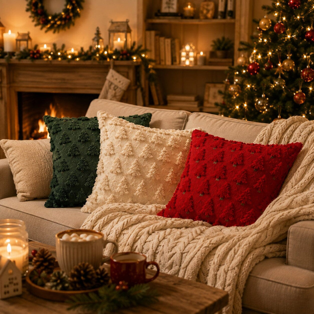Housse de coussin de Noël à motifs de sapins en relief, en rouge, vert sapin et écru, dans un salon chaleureux et cocooning.
