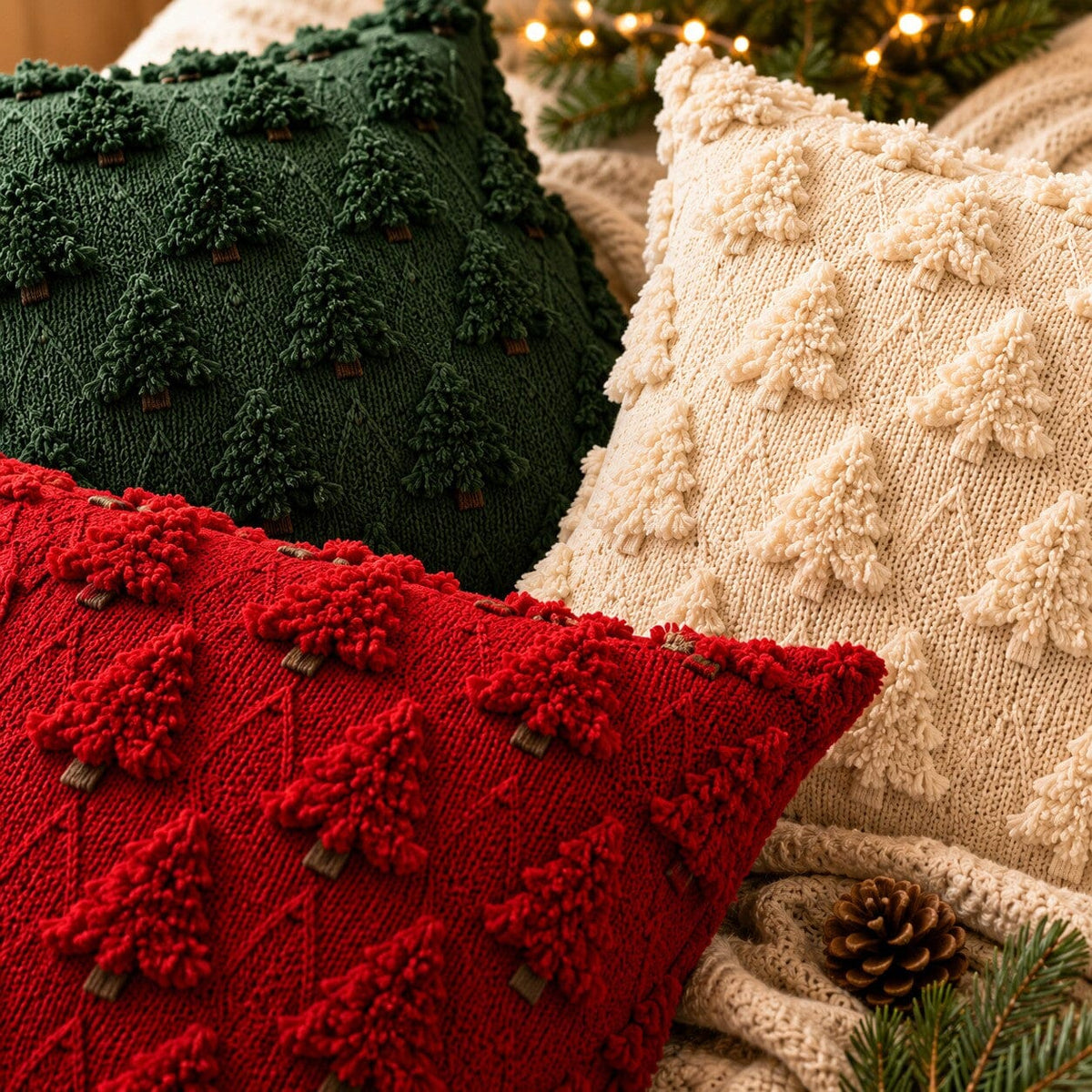 Gros plan de trois housses de coussin de Noël à motifs de sapins en relief, en rouge, vert sapin et écru, mettant en valeur leur texture tricotée et moelleuse