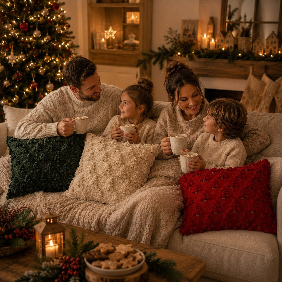 Famille réunie autour d'un chocolat chaud dans un salon de Noël chaleureux, avec trois housses de coussin à motifs de sapins en relief rouge, vert sapin et écru sur le canapé.