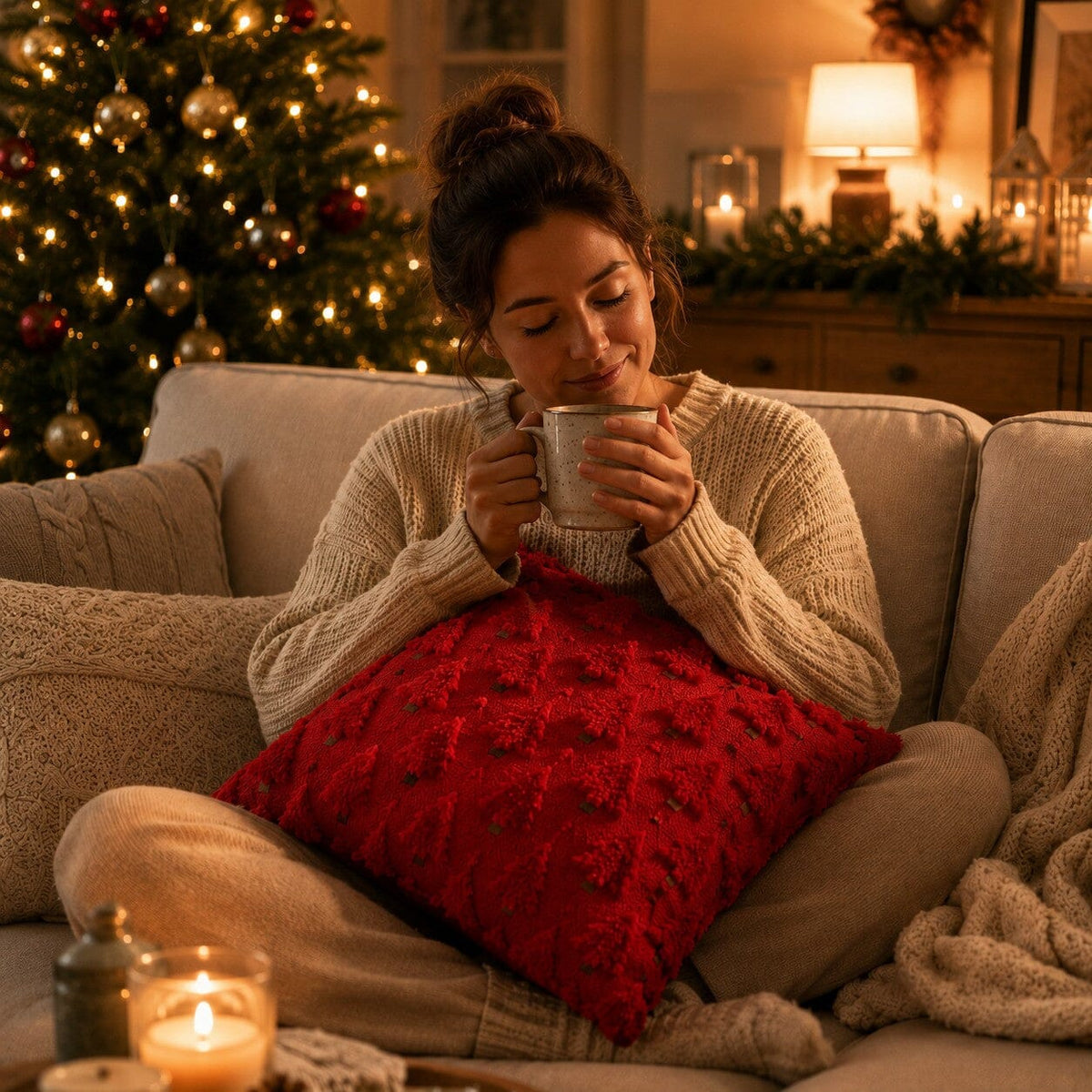 Housse de coussin de Noël rouge à sapins en relief dans un salon chaleureux, avec une femme profitant d'un moment cocooning autour d'un thé.
