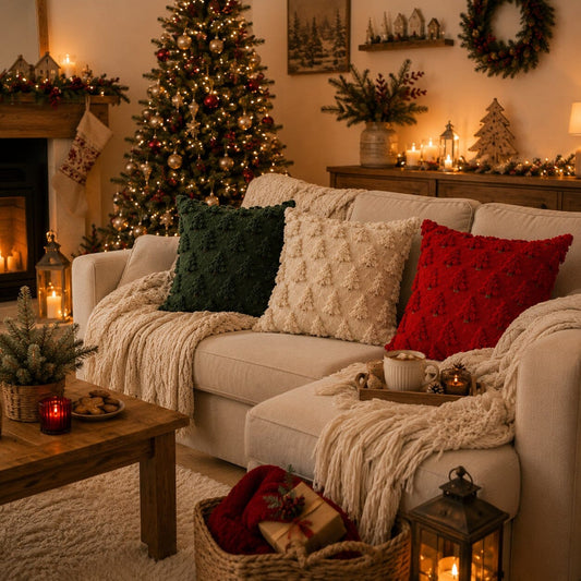 Salon chaleureux décoré pour Noël avec trois housses de coussin à motifs de sapins en relief, en rouge, vert sapin et écru, sur un canapé beige.