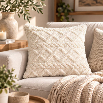 Housse de coussin Douceur Torsadée blanc crème sur un canapé dans un salon chaleureux et naturel