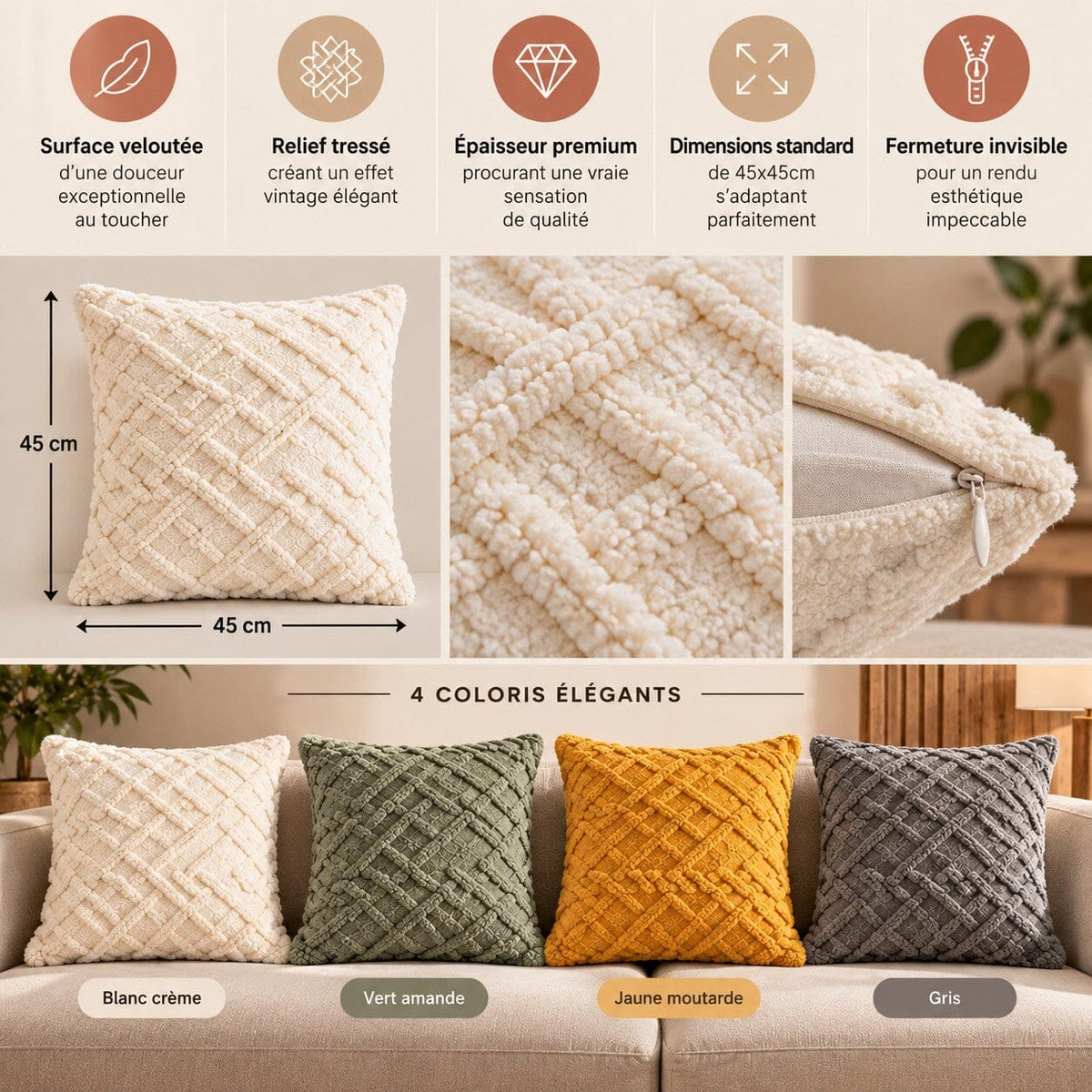 Housse de coussin Douceur Torsadée 45x45 cm en matière Plush avec relief tressé, fermeture invisible et quatre coloris blanc crème, vert amande, jaune moutarde et gris