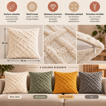 Housse de coussin Douceur Torsadée 45x45 cm en matière Plush avec relief tressé, fermeture invisible et quatre coloris blanc crème, vert amande, jaune moutarde et gris
