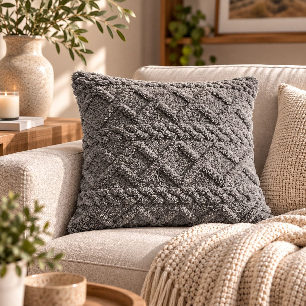 Housse de coussin Douceur Torsadée gris sur un canapé dans un salon chaleureux et naturel