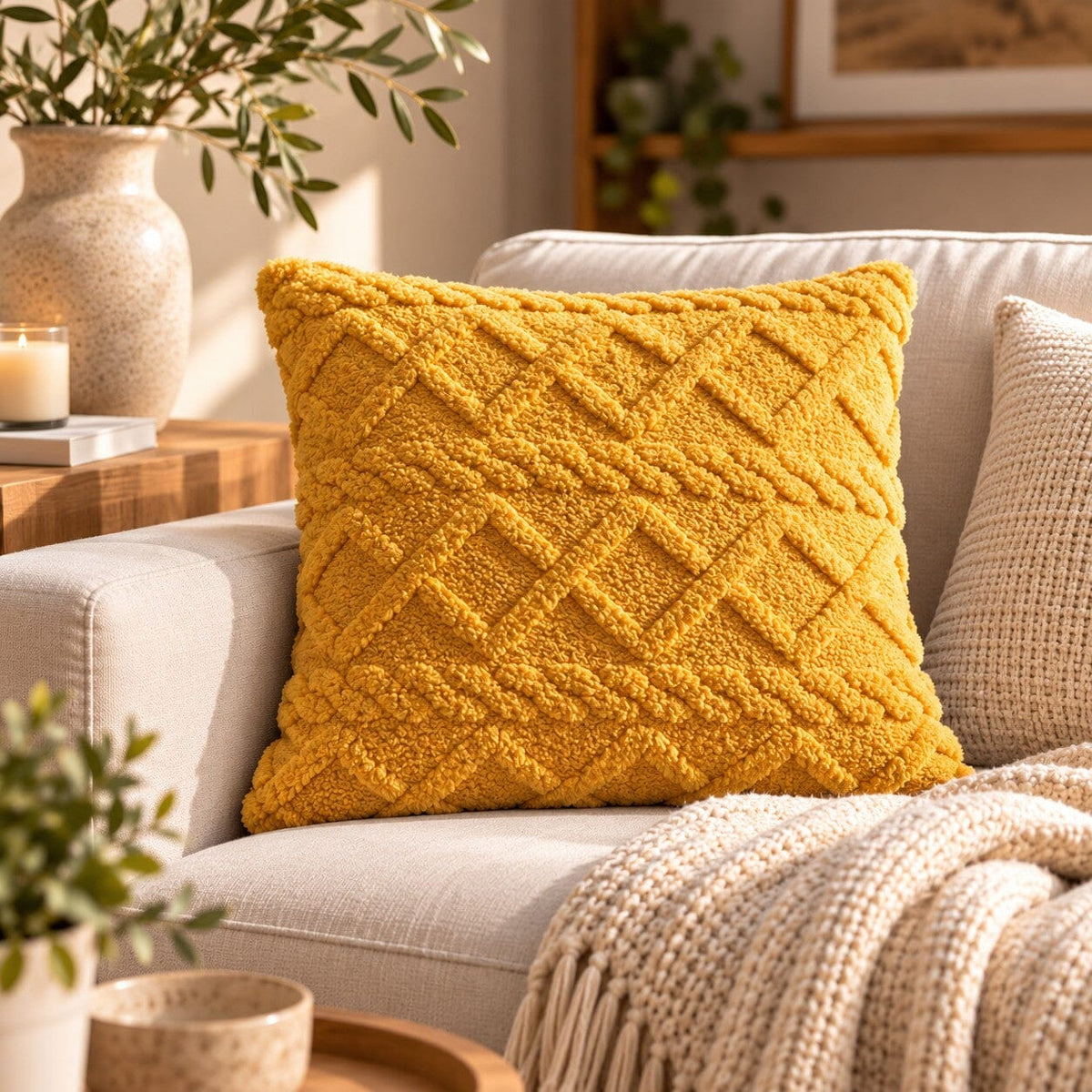 Housse de coussin Douceur Torsadée jaune moutarde sur un canapé dans un salon chaleureux