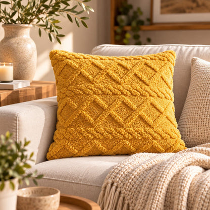 Housse de coussin Douceur Torsadée jaune moutarde sur un canapé dans un salon chaleureux
