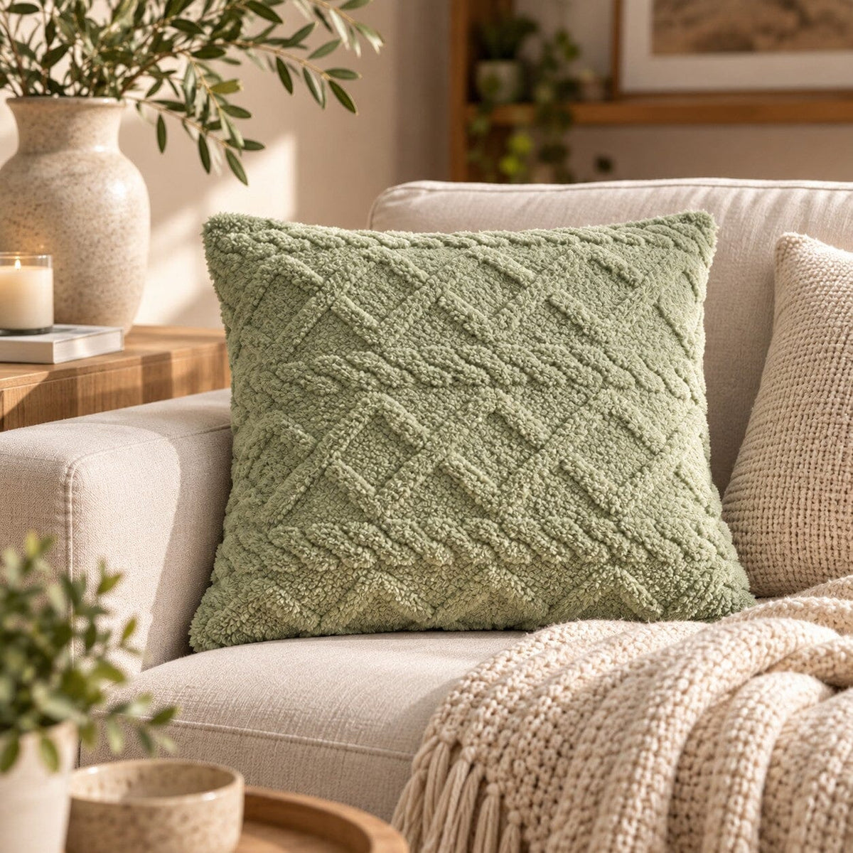 Housse de coussin vert amande Douceur Torsadée sur un canapé beige dans un salon chaleureux aux matières naturelles