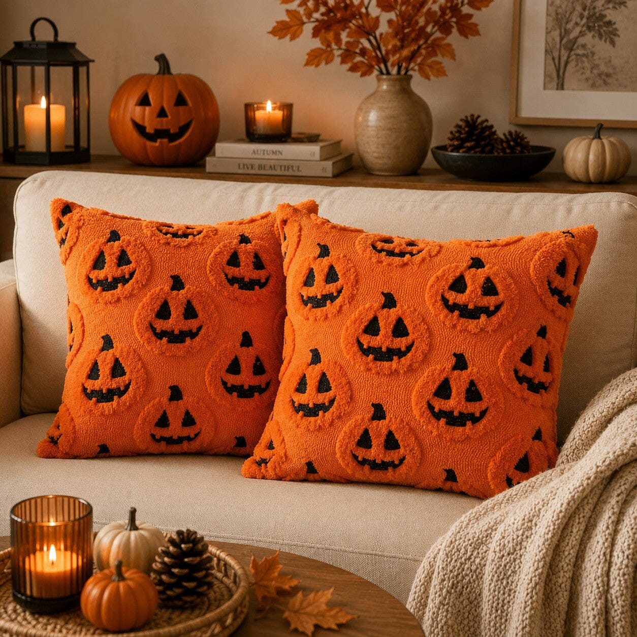Housses de coussin Halloween Citrouilles orange à motifs de citrouilles noires sur un canapé beige dans une ambiance chaleureuse d’automne.