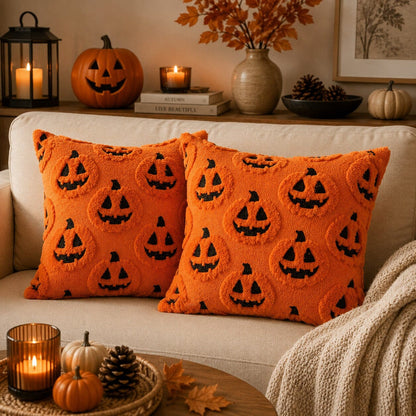 Housses de coussin Halloween Citrouilles orange à motifs de citrouilles noires sur un canapé beige dans une ambiance chaleureuse d’automne.