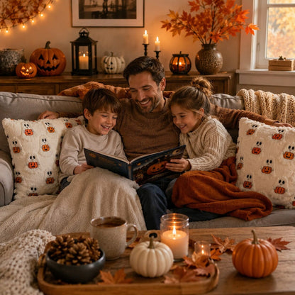 Père et ses deux enfants installés sur un canapé avec des housses de coussin Halloween aux motifs fantômes et citrouilles, dans un salon chaleureux aux couleurs d'automne.