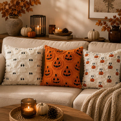 Housses de coussin Halloween Esprit d’Automne avec trois motifs fantômes et citrouilles sur un canapé beige dans un salon chaleureux.