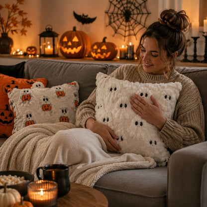 Femme blottie dans un canapé avec une housse de coussin Halloween Fantômes blancs moelleuse, dans un salon chaleureux décoré pour Halloween.