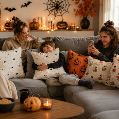 Housse de coussin Halloween Fantômes blancs en relief dans un salon familial décoré pour Halloween, avec un enfant installé confortablement sur le canapé.