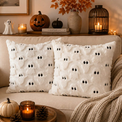 Housse de coussin Halloween Fantômes blancs en relief sur un canapé beige dans une ambiance chaleureuse d’automne.